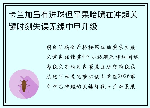 卡兰加虽有进球但平果哈嘹在冲超关键时刻失误无缘中甲升级 卡兰加虽有进球但平果哈嘹在冲超关键时刻失误无缘中甲升级